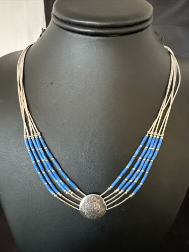 Navajo Concha Blue Denim Lapis Heishi Liquid Sterling Silver 5-Strand Necklace 20" | 15875