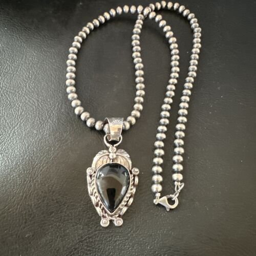 Navajo Pearls Black Onyx Necklace Pendant | Sterling Silver | Authentic Native American Handmade | 16528