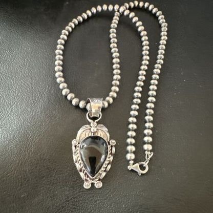 Navajo Pearls Black Onyx Necklace Pendant | Sterling Silver | Authentic Native American Handmade | 16528