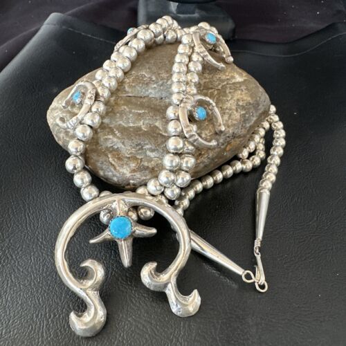 Navajo Blue Turquoise Naja Pendant Squash Blossom Necklace | Sterling Silver | Authentic Native American Handmade | 16172