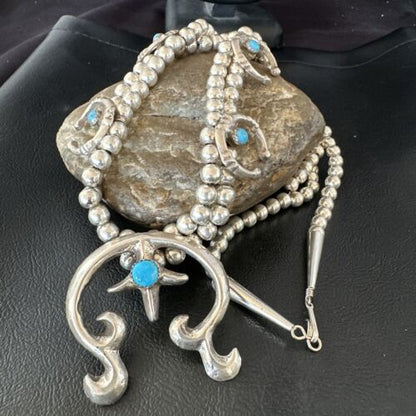 Navajo Blue Turquoise Naja Pendant Squash Blossom Necklace | Sterling Silver | Authentic Native American Handmade | 16172