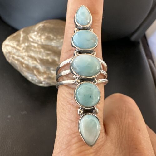 Navajo Blue Larimar Cluster Ring | Authentic Native American Sterling Silver | Multi-Stone | Sz 8.5 | 15934