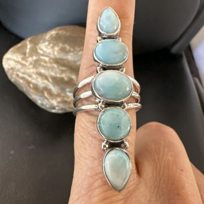 Navajo Blue Larimar Cluster Ring | Authentic Native American Sterling Silver | Multi-Stone | Sz 8.5 | 15934