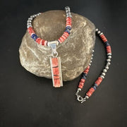 Navajo Pearls Sterling Silver Necklace | Lapis & Red Spiny Oyster Pendant | 17051