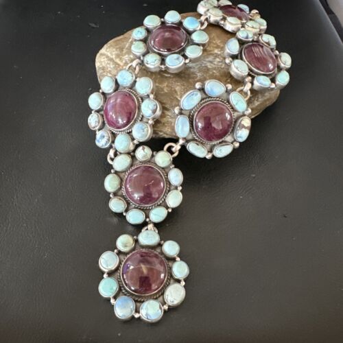 Navajo Turquoise Purple Spiny Cluster Lariat Necklace Pendant | Golden Hills | Authentic Native American Handmade | 16190