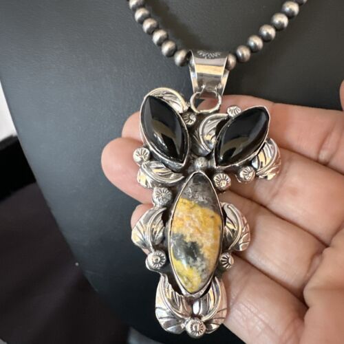 Men's Navajo Pearls Onyx Bumblebee Jasper Pendant | Sterling Silver | Multi-Stone Necklace | 15415