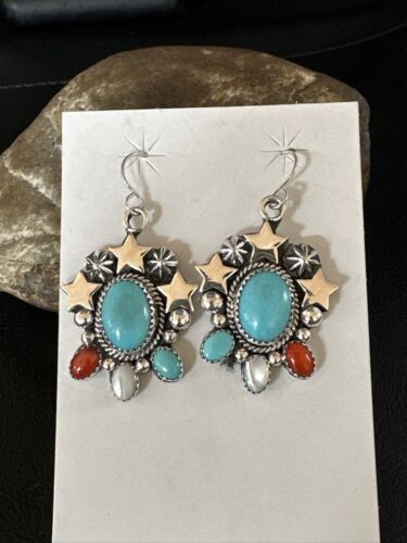 Navajo Coral Mother of Pearl Turquoise Sterling Silver Earrings | July Fourth | Handmade 15330