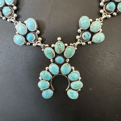 Navajo Blue Kingman Turquoise Squash Blossom Necklace | Sterling Silver | Authentic Native American Handmade | 16829