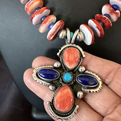 Navajo Red Spiny Oyster Lapis Pendant Necklace | Sterling Silver | Multi-Stone | 17668