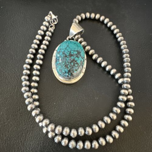 Men's Navajo Blue Spiderweb Turquoise Pendant Necklace | Sterling Silver | Authentic Native American Handmade | 16220
