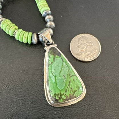 Navajo Green Gaspeite Pendant Necklace | Sterling Silver | Authentic Native American Handmade | 10979