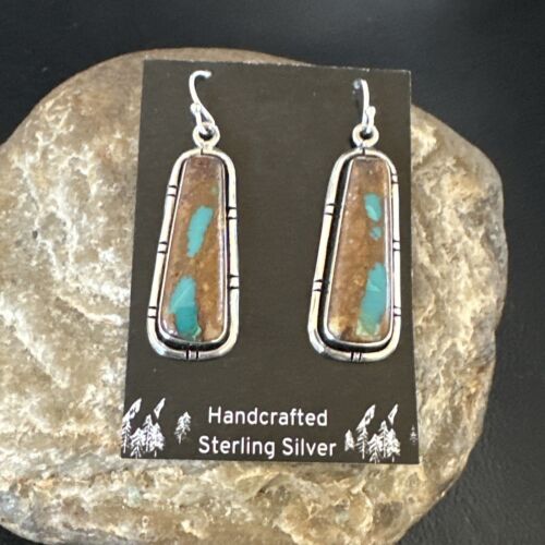 Navajo Blue Boulder Turquoise Dangle Earrings | Sterling Silver | Authentic Native American Handmade | 16499