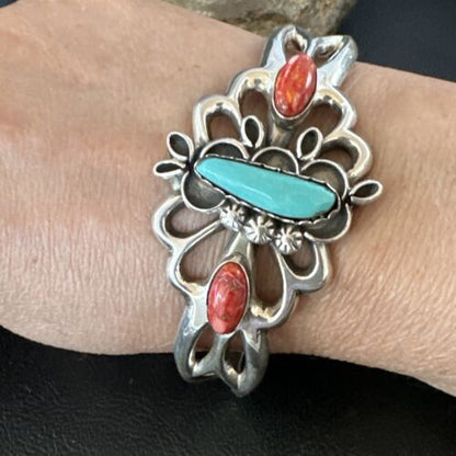 Navajo Kingman Turquoise Spiny Cuff Bracelet | Sterling Silver Tufa Cast | Authentic Native American Handmade | 16775