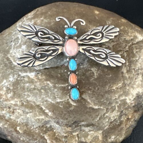 Navajo Dragonfly Pin Pendant | Blue Turquoise & Coral | Sterling Silver | Authentic Native American Handmade | 15236