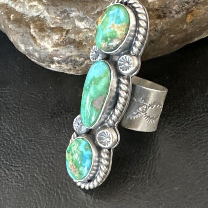 Navajo Green Sonoran Gold Turquoise Multi-Stone Ring | Authentic Native American Sterling Silver | Sz 8 | 16289