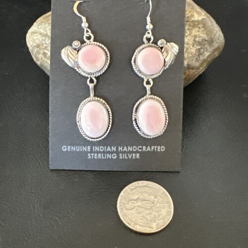 Navajo Pink Conch Shell Dangle Earrings | Sterling Silver | Authentic Native American Handmade | 17194