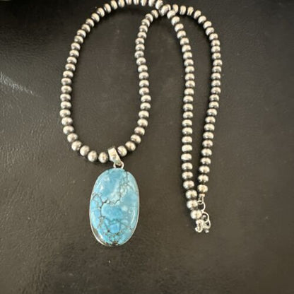 Navajo Blue Spiderweb Turquoise Pendant Necklace | Sterling Silver | Authentic Native American Handmade | 17021