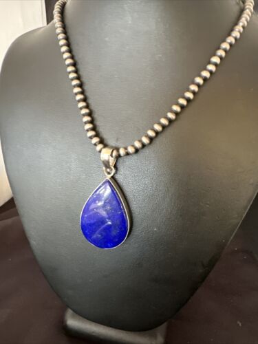 Navajo Blue Lapis Pendant with Pearls | Sterling Silver Necklace | 20" | Authentic Native American Handmade | 16669
