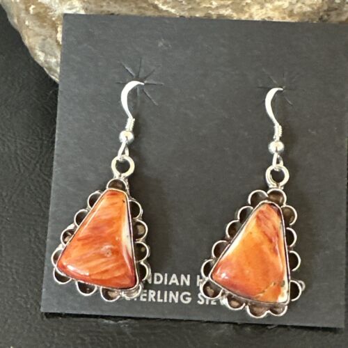 Navajo Orange Spiny Oyster Dangle Earrings | Sterling Silver | Authentic Native American Handmade | 17265
