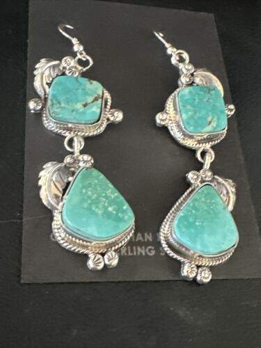 Navajo Blue Kingman Turquoise Dangle Earrings | Sterling Silver | Authentic Native American Handmade | 15185