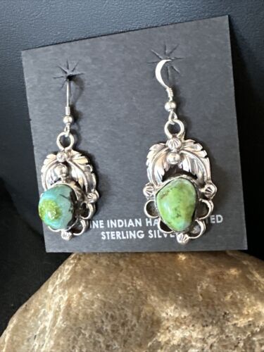 Navajo Green Sonoran Gold Turquoise Dangle Earrings | Sterling Silver | Authentic Native American Handmade | 14915