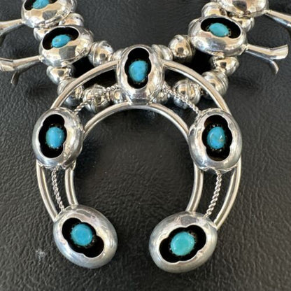 Navajo Kingman Turquoise Shadowbox Squash Blossom Necklace | Sterling Silver | Authentic Native American Handmade | 16089