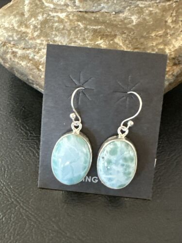 Navajo Blue Larimar Dangle Earrings | Sterling Silver | Authentic Native American Handmade | 17299