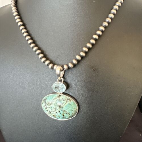 Navajo Dry Creek Turquoise Topaz Pendant Necklace | Sterling Silver | Authentic Native American Handmade | 16442
