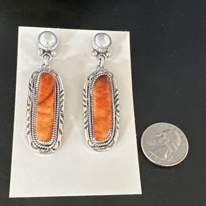 Navajo Red Spiny Oyster Pearl Dangle Earrings | Sterling Silver | Authentic Native American Handmade | 15325