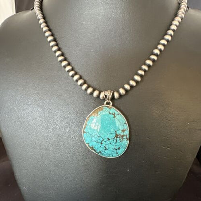 Men's Navajo Blue Spiderweb Turquoise Pendant Necklace | Sterling Silver | Authentic Native American Handmade | 16228