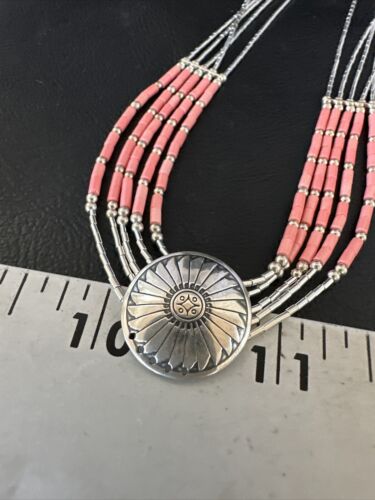 Navajo Concha Pink Conch Heishi 5-Strand Liquid Sterling Silver Necklace 20" | Southwestern Jewelry 15873