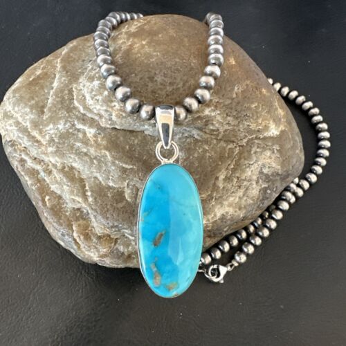 Navajo Blue Kingman Turquoise Pendant Necklace | Sterling Silver | 20" | Authentic Native American Handmade | 16992