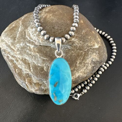 Navajo Blue Kingman Turquoise Pendant Necklace | Sterling Silver | 20" | Authentic Native American Handmade | 16992