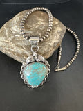 Navajo Pearls Sterling Silver Necklace with Blue Turquoise #8 Pendant | Authentic Native American Handmade | 14858