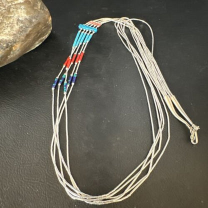 Multi-Color Liquid Silver Heishi 5-Strand Necklace | Sterling Tubes | 25" | 15055