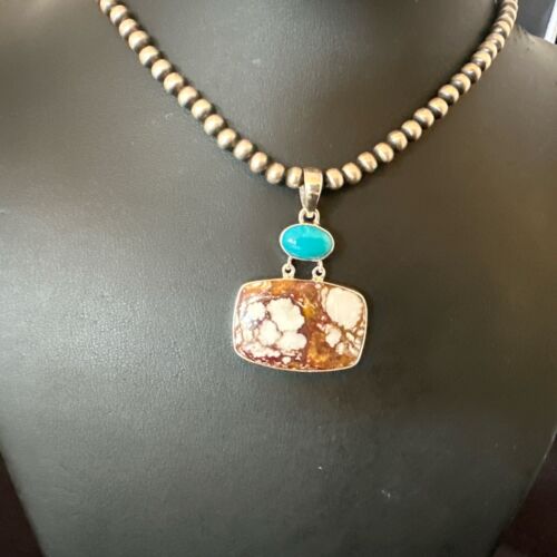 Men's Wild Horse Blue Kingman Turquoise Necklace | Sterling Silver SW Pendant | Multi-Stone | 17326