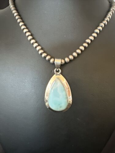 Navajo Blue Larimar Pendant Necklace | Sterling Silver Beads | Authentic Native American Handmade | 17566