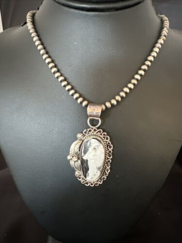 Navajo White Buffalo Turquoise Pendant Necklace | Sterling Silver | Authentic Native American Handmade | 15617