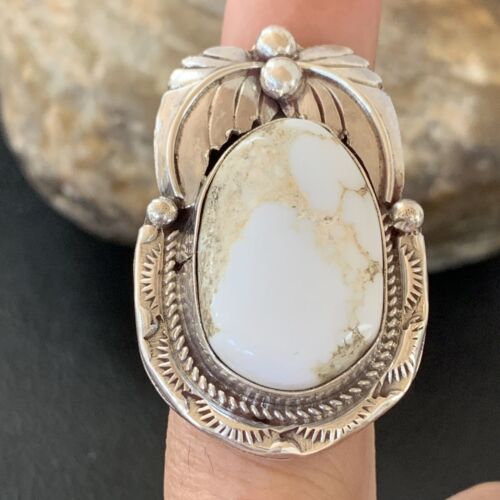 Navajo White Buffalo Turquoise Ring | Sterling Silver | Sz 8 | Authentic Native American Handmade | 01961