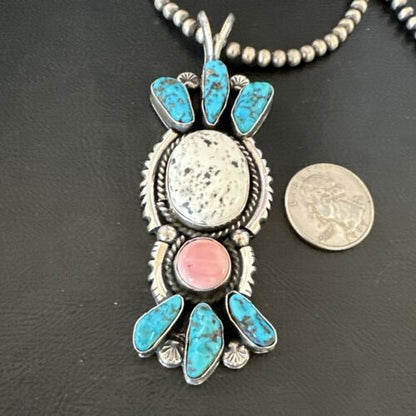 Navajo Blue Kingman Turquoise Cluster Pendant | Sterling Silver | 4" | Authentic Native American Handmade | 17419