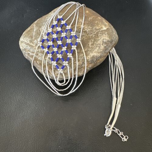 Crisscross Blue Lapis Heishi Necklace | 5 Strand Liquid Sterling Silver | 22" | 15882
