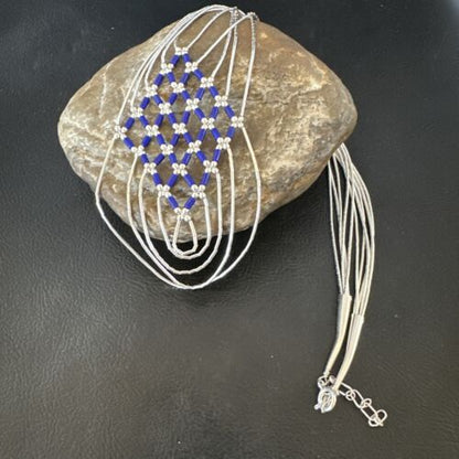 Crisscross Blue Lapis Heishi Necklace | 5 Strand Liquid Sterling Silver | 22" | 15882