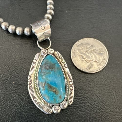 Navajo Pearls Kingman Turquoise Pendant Necklace | Sterling Silver | Authentic Native American Handmade | 17127