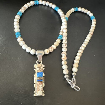Wild Horse Blue Turquoise Pendant | Navajo Pearls | Sterling Silver Necklace 21" | Native American | 15667