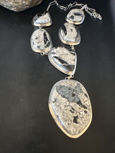Navajo XL White Buffalo Turquoise Lariat Necklace  | Authentic Native American Sterling Silver | 14992