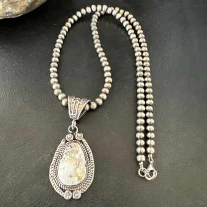 Navajo White Buffalo Turquoise Pendant Necklace | Sterling Silver | Authentic Native American Handmade | 17512 - Masha USA