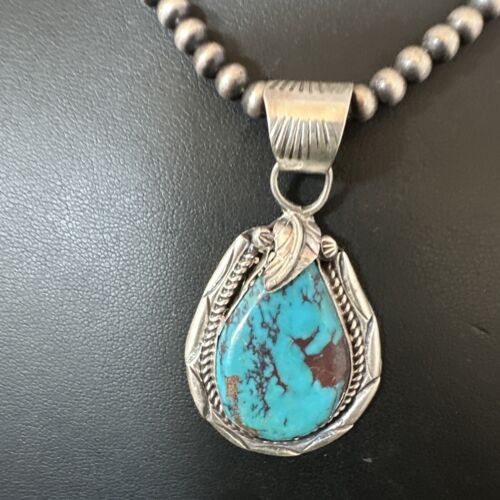 Navajo Blue Kingman Turquoise Pendant Necklace | Sterling Silver Pearls | Authentic Native American Handmade | 16024