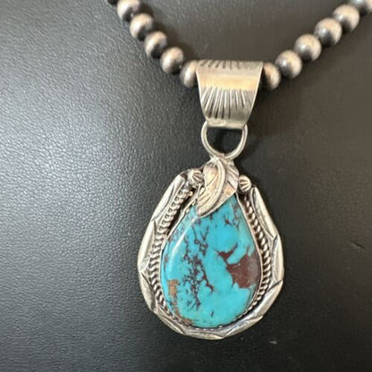 Navajo Blue Kingman Turquoise Pendant Necklace | Sterling Silver Pearls | Authentic Native American Handmade | 16024