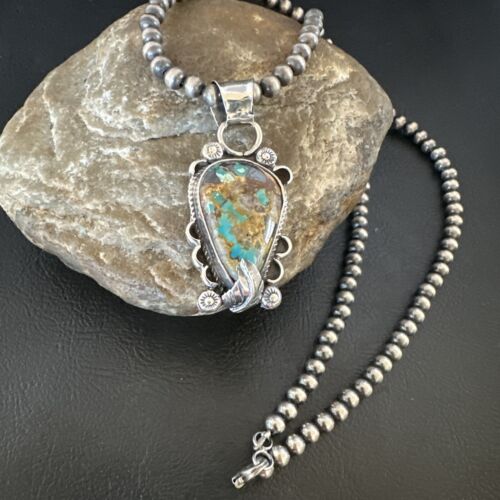 Navajo Blue Turquoise Pendant Necklace | Sterling Silver Pearls | Authentic Native American Handmade | 15657