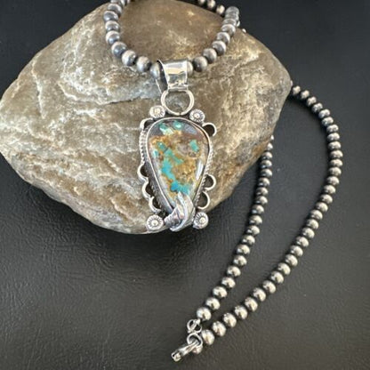 Navajo Blue Turquoise Pendant Necklace | Sterling Silver Pearls | Authentic Native American Handmade | 15657